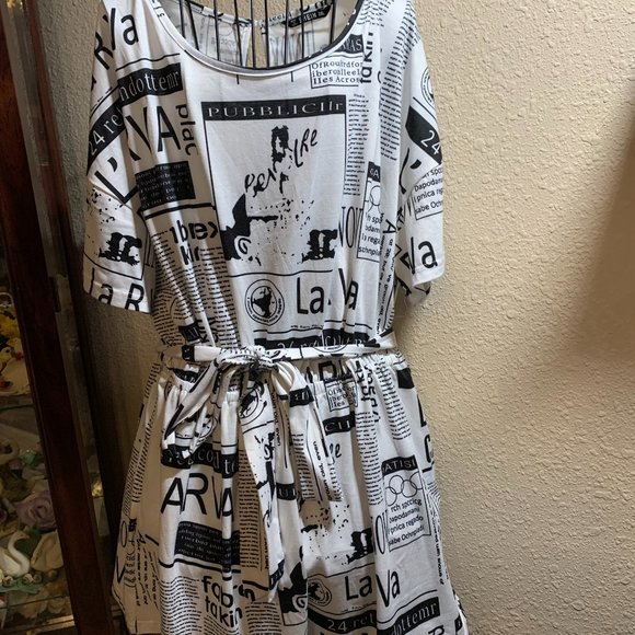 Shein White Romper with Black Newsprint
